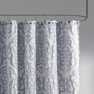 JLA Home Madison Park - Jacquard Silver Medallion Shower Curtain — Textured Damask Weave, 72x72 Durable Machine-Washable Navy/Silver MP70-6876