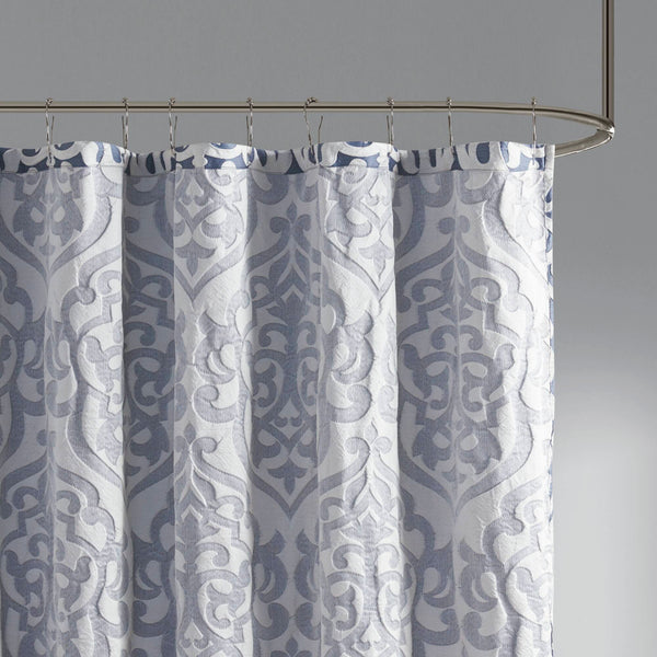 JLA Home Madison Park - Jacquard Silver Medallion Shower Curtain — Textured Damask Weave, 72x72 Durable Machine-Washable Navy/Silver MP70-6876