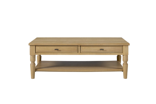 English Elm Drawer Cocktail Table Hickory Veneer Wood with Turned Legs Open Shelf Living Room Tan B2699P443216