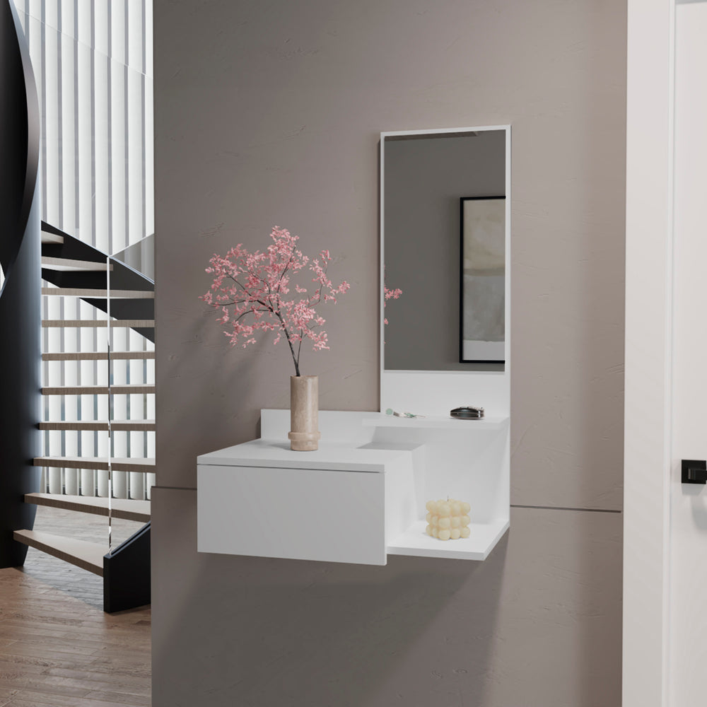 English Elm Floating Hallway Cabinet Lowell Wall-Mounted White with Mirror, Shelf & Drawer for Space-Saving Storage (31.5"L) B092P238736