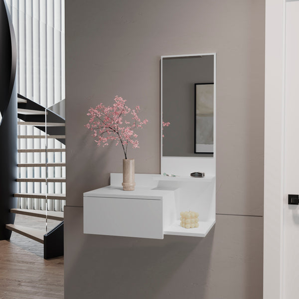 English Elm Floating Hallway Cabinet Lowell Wall-Mounted White with Mirror, Shelf & Drawer for Space-Saving Storage (31.5"L) B092P238736