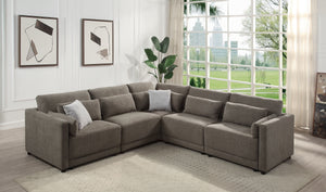English Elm Rylie Brown Linen 5-Piece Modular Sectional Sofa with Toss Pillows, Pocket Coil Seats, Modern Comfort B2726S00423
