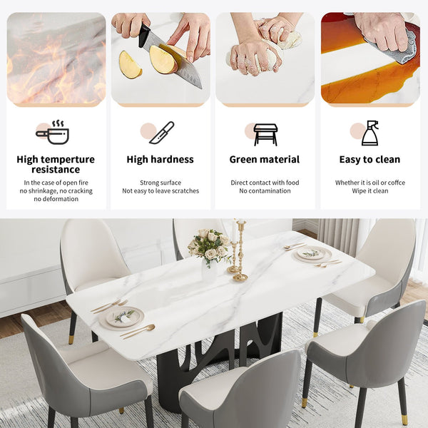 English Elm 70.86" Modern Sintered Stone Dining Table With Curved White Top & Black Iron Legs For 6-8 People W1535S00430