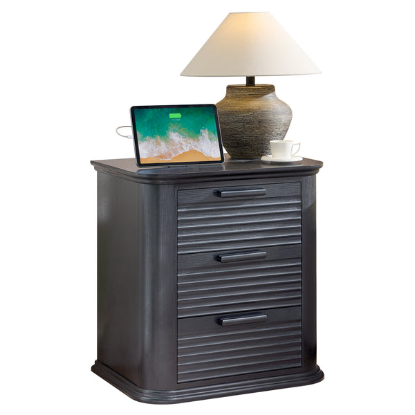 English Elm 22" Fluted Wood Nightstand with Built-in Charging Station Three Drawer Bedside Storage Black Woodgrain T5326P431147