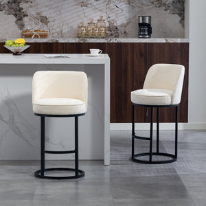 English Elm Counter Height Barstools Set of 2 Linen Upholstered Barrel Seat with Iron Legs Beige W395P410430