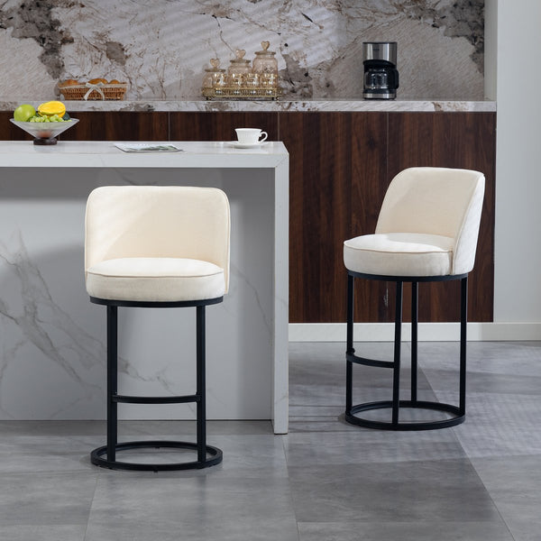 English Elm Counter Height Barstools Set of 2 Linen Upholstered Barrel Seat with Iron Legs Beige W395P410430
