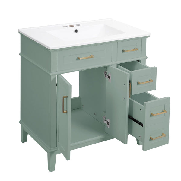 English Elm 30" Freestanding Bathroom Vanity Ceramic Sink Soft Close Cabinet Gray Wood Frame Light Green N729P427118F