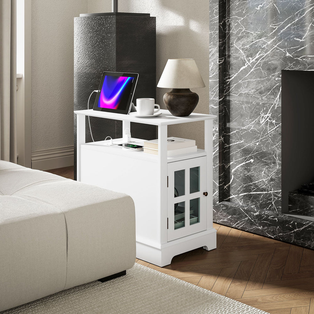 English Elm HOMCOM Narrow End Table with Built-In Charging Station, Hidden Glass Storage and Open Shelf Elegance White W2225P229463