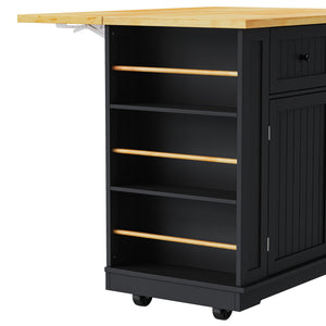 English Elm K&K 48 Inch Kitchen Island Cart with Drop Leaf, Built-In Power Station, Adjustable Shelves & Wheels Black N707P257057B