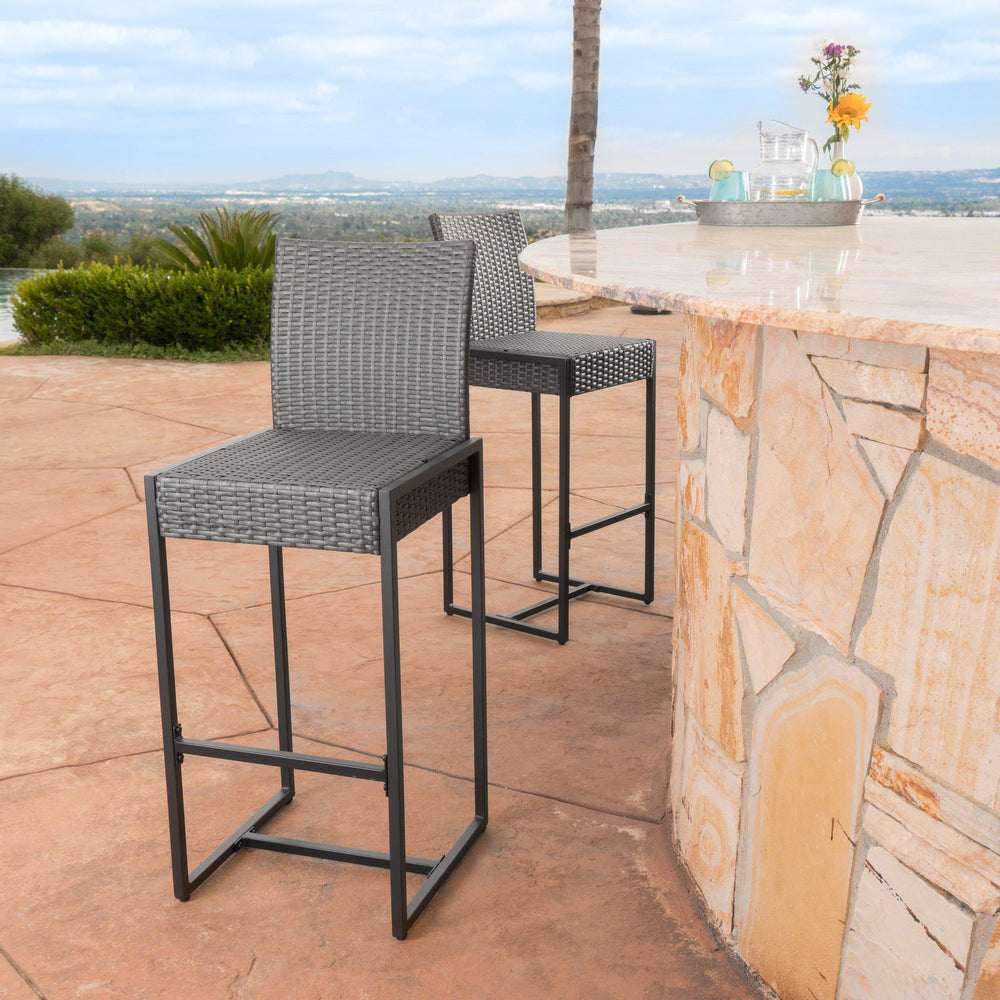 English Elm Christopher Knight Home® - CONWAY Outdoor Wicker Barstool Set of 2 – Powder-Coated Iron Frame, Weather-Resistant Poly Wicker, Stylish Grey 59002.00