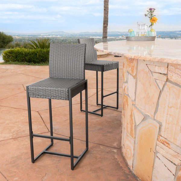 English Elm Christopher Knight Home® - CONWAY Outdoor Wicker Barstool Set of 2 – Powder-Coated Iron Frame, Weather-Resistant Poly Wicker, Stylish Grey 59002.00