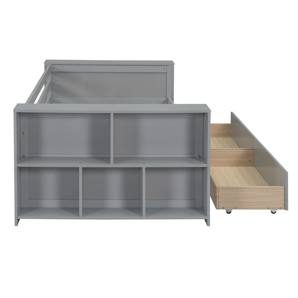 English Elm Twin Pine Wood Daybed with Shelves & Drawers, Gray — Space-Saving Twin Sofa Bed with Storage, Sturdy WF324220AAE
