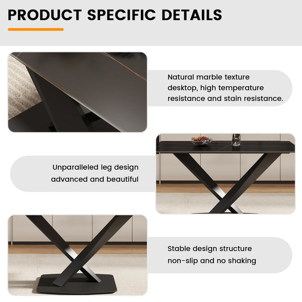 English Elm 63" Modern Sintered Stone Dining Table with Durable X-Leg Iron Base, Seats 6, 400 lb Capacity Black,White W1535S00531