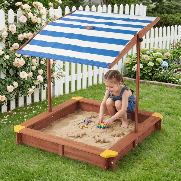 English Elm Kids Cedar Sandbox with Adjustable Canopy Corner Seating Outdoor Backyard Play D720094431