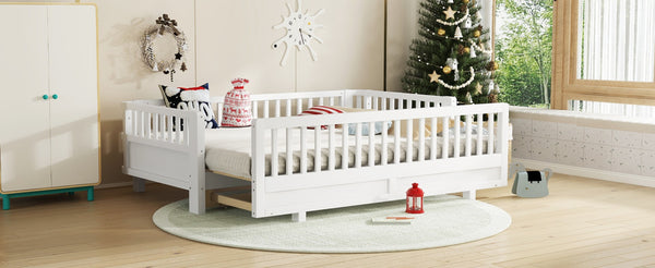 English Elm Twin Xl Platform Bed Frame With Guardrails - Solid Pine Wood, Convertible To Queen, White Finish W1580S00241-GIGA