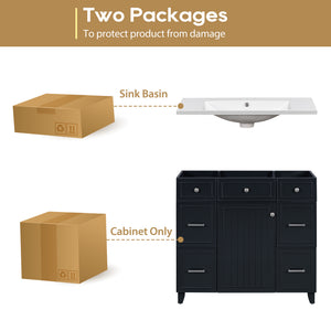 English Elm 36" Matte Black Shaker Vanity with Resin Sink Solid Wood 3 Drawer Soft Close SV000003AAB