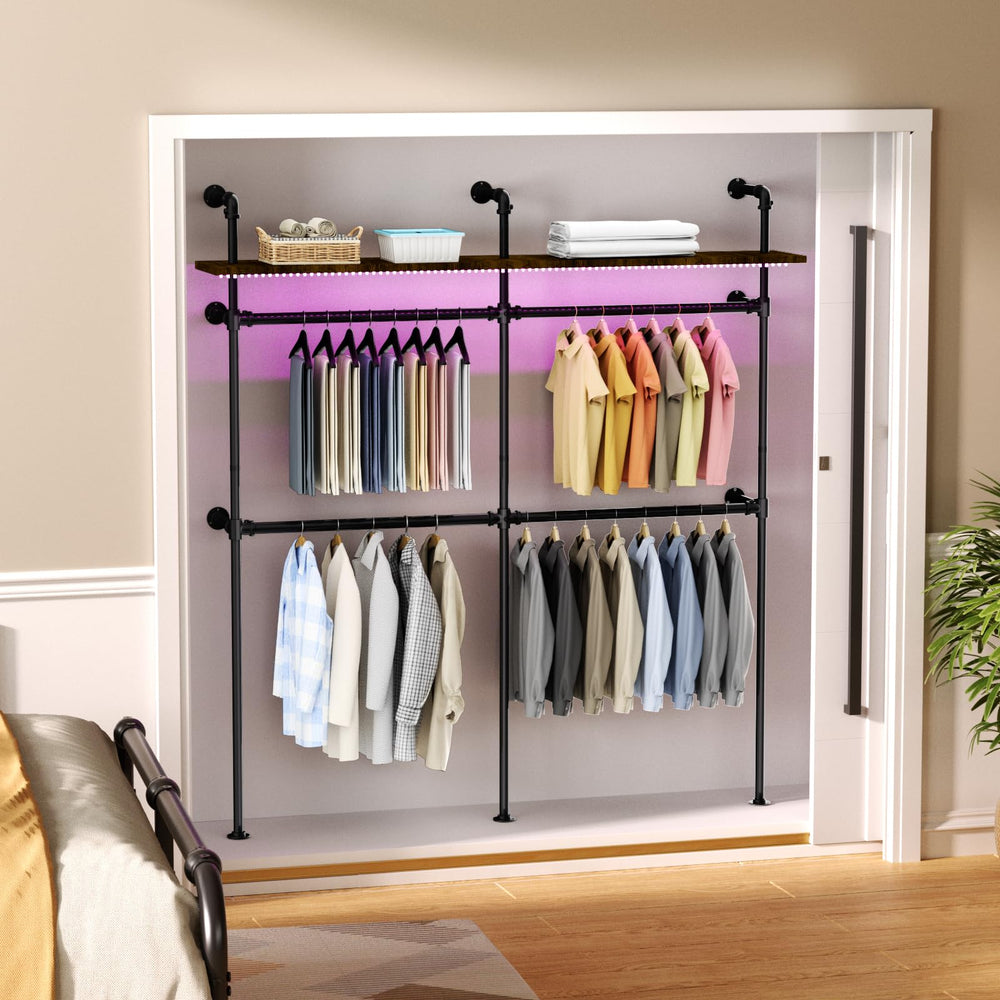 English Elm Industrial Pipe Clothing Rack With Led Lights - Heavy Duty Wall-Mounted Garment Storage Solution T3210P392613