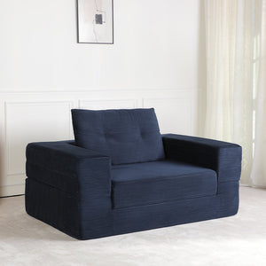 English Elm Compression Human Dog Sofa Bed 3-in-1 Folding Corduroy Floor Couch with Memory Foam Pillow for Living Room Dark Blue W3723P376785