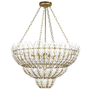 Magnum Opus Chandelier: Elegant Three-Tier Brass Fixture with Stunning White Glass Leaves Design