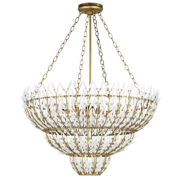 Magnum Opus Chandelier: Elegant Three-Tier Brass Fixture with Stunning White Glass Leaves Design