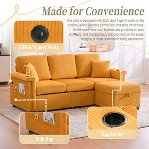 English Elm UNITED Corduroy L-Shaped Sectional Sofa with Storage Ottoman, USB Ports, Cup Holders & LED Lighting Mustard yellow W1568P332403