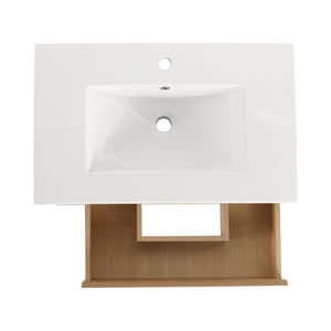 English Elm 30" Wall-Mount Bathroom Vanity With Ceramic Sink, Soft-Close Drawers & Configurable Side Shelf W999S00206