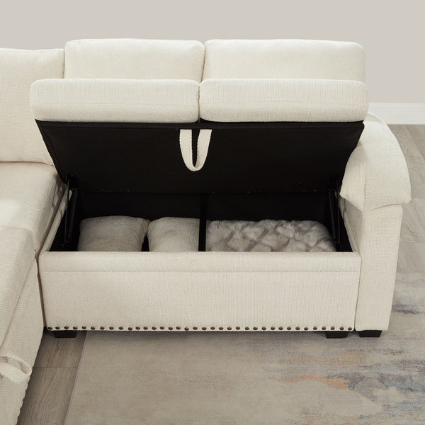 English Elm 97 Inch L-shaped Chenille Sectional Sofa with Sleeper Storage Ottoman 7 Seats Beige W1669S00017