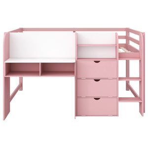 English Elm Full Size Low Loft Bed With Desk, Storage, Bookcase & Fun Whiteboard For Kids - Pink Design N7090005005H