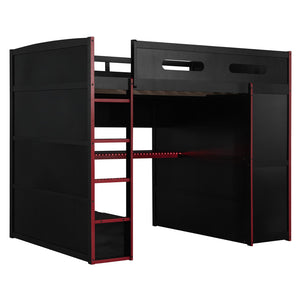 English Elm Full Size Gaming Loft Bed with Rgb Lighting Desk Wardrobe and Built-in Storage Red LT100261AAR