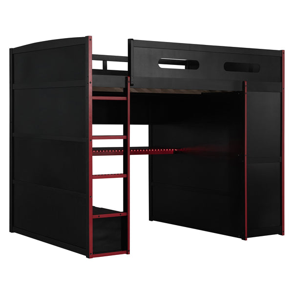 English Elm Full Size Gaming Loft Bed with Rgb Lighting Desk Wardrobe and Built-in Storage Red LT100261AAR