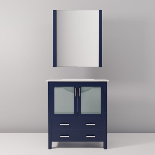 English Elm Navy Blue Bath Vanity Set With White Ceramic Top, Soft-Close Drawers & Stylish 28 In. Mirror Included B2731S00724