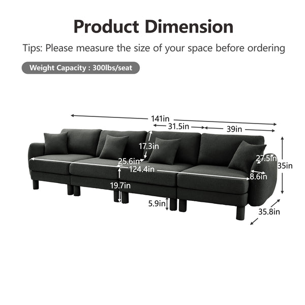 English Elm Boucle 4-Seater Sofa Couch With Sculptural Shell Armrests & Soft Dark Grey Fabric For Elegant Comfort W3041S00303