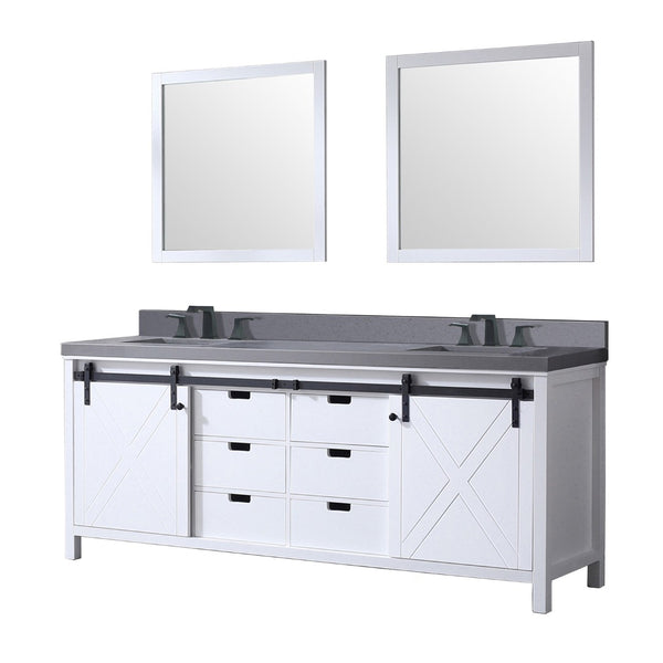 English Elm White Double Bath Vanity 84" W With Grey Quartz Countertop, Matte Black Faucets & Matching Mirrors B2731S01079-GIGA