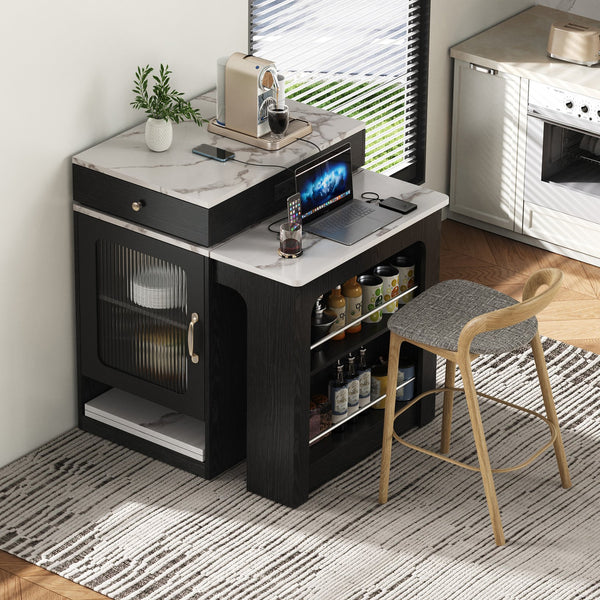 English Elm K&K Modern Extendable 59.5" Kitchen Island with Double-Sided Storage, Power Outlet & Casters Black N707S000017B