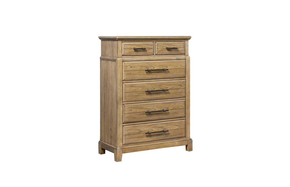 English Elm 6-Drawer Chest Caramel Finish with Elm Veneer, Industrial Metal Pulls, Framed Fronts & Tapered Feet B2699P353073