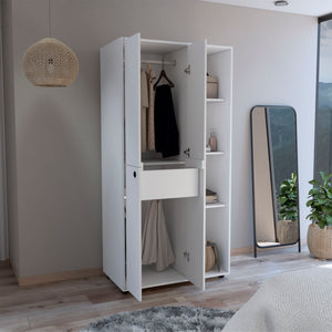 English Elm Misuri Multi-Function Wardrobe Armoire with Double Doors, Drawer, Hanging Rods and Open Shelves White 74 L x 24 W x 2 H B200S00287