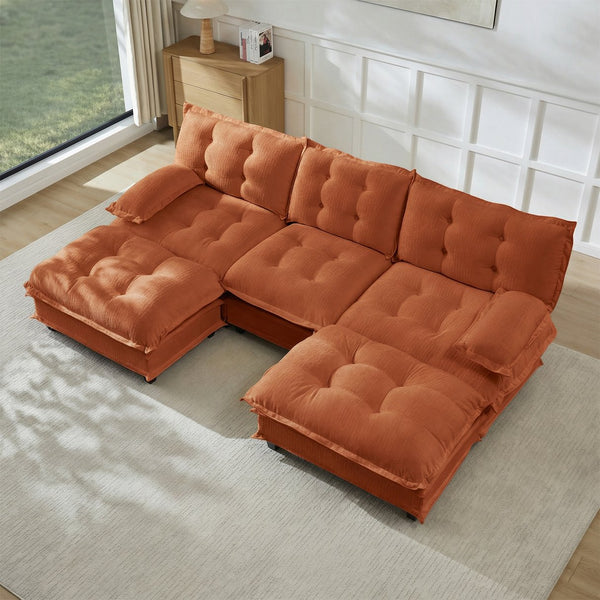 English Elm 107" U Shaped Chenille Sectional Cloud Sofa with Ottomans Deep Seat Modular Living Room Orange W714S01739