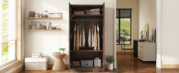 English Elm 2-Door Pine Wood Wardrobe Armoire with Rod & 3 Shelves, Brown Grain Finish—Sturdy 300lb Capacity GX001833AAD