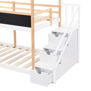 English Elm Twin Over Solid Pine House Bunk Bed with Blackboard Storage Staircase W495S00012