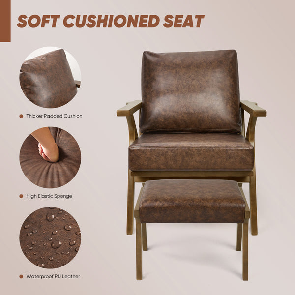 English Elm Mid-Century PU Leather Accent Chair with Ottoman — Ergonomic Thick Upholstery, Flared Legs, Durable Comfort Brown T3950P397488