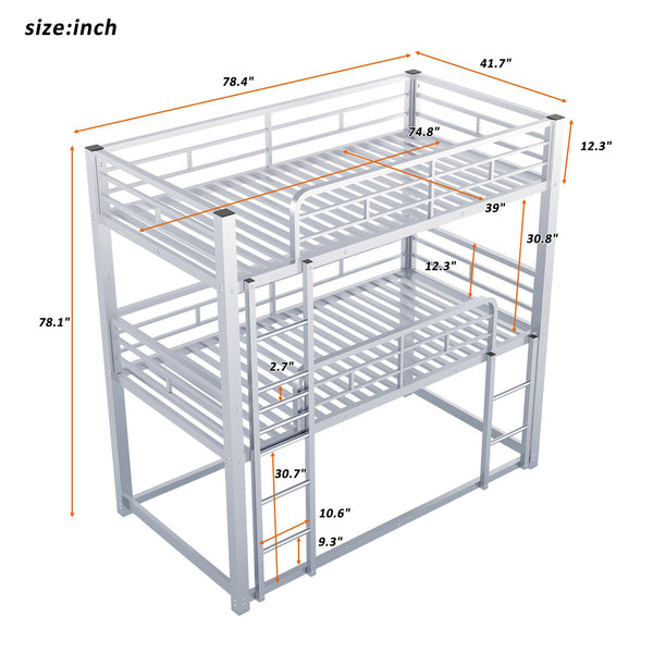 English Elm Metal Triple Bunk Bed Steel Frame Twin Three Tier Guardrails for Shared Rooms Silver GX000230AAN