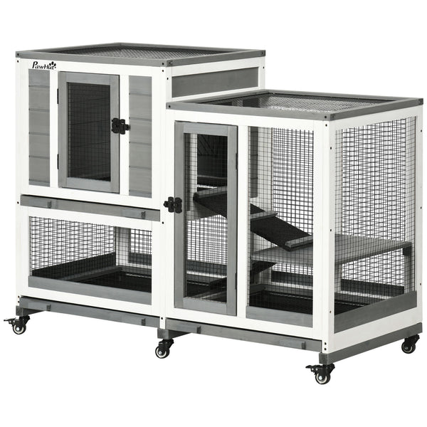 English Elm Pawhut Three Story Fir Wood Rabbit Hutch with Ramps Wheels and Removable Trays W2225P229221