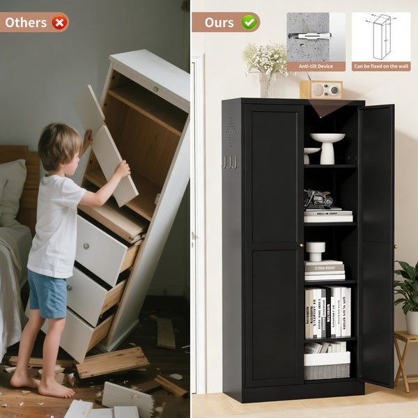 English Elm 61" Matte Black Steel Freestanding Pantry Cabinet with 4 Adjustable Shelves Modern Farmhouse T2398P465983