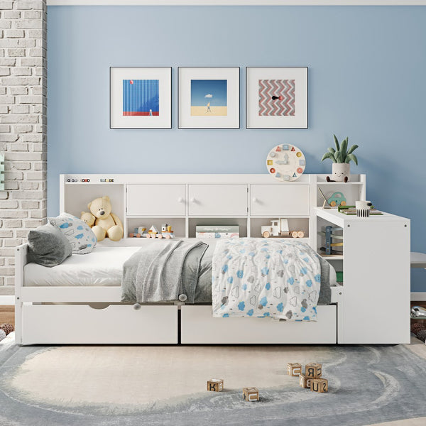 English Elm Full Full Size Wooden L-Shape Daybed with 7 Cabinets, 2 Drawers, Desk & Bookshelf — Space-Saving White N733S351674K