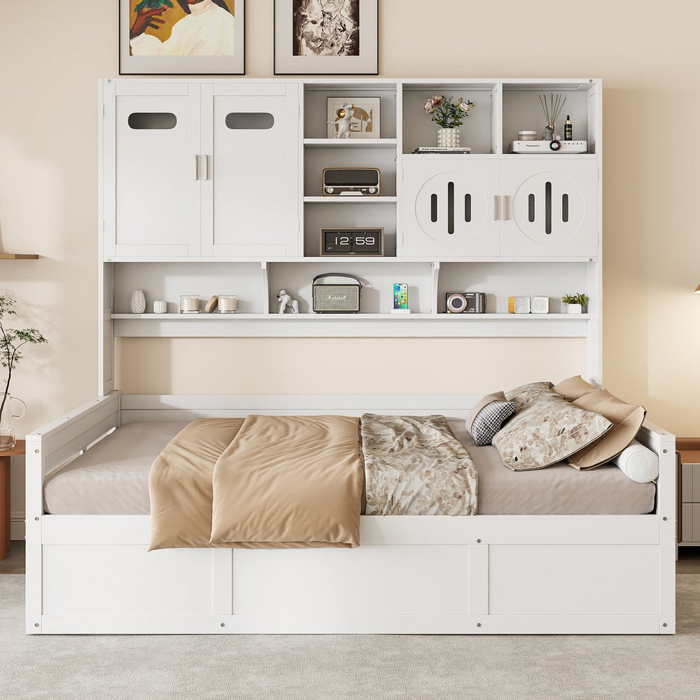 English Elm Full Size Wooden Daybed With Hydraulic Lift, Integrated Storage Cabinet & Stylish Shelving, White N820S00047K