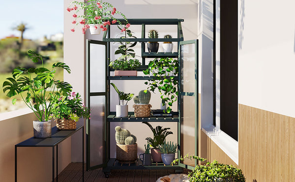 English Elm Topmax Fir Wood Portable Greenhouse with Polycarbonate Panels Adjustable Shelves and Casters N717P221494F