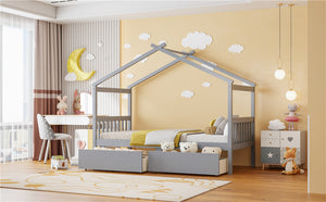 English Elm Twin House Bed Solid Pine Kids Cottage Frame with Storage Drawers Imaginative Room Gray N708P309245E