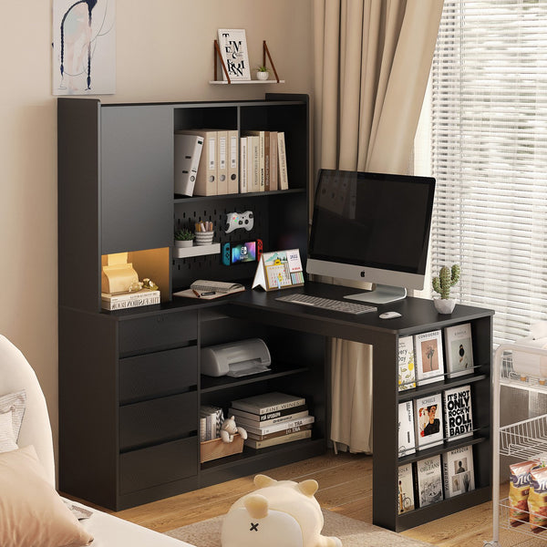 English Elm L Shaped Desk With Storage, Led Lighting & Charging Station - Modern Corner Desk For Home Office Use W1321S00015