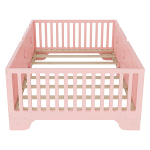 English Elm Twin Montessori Floor Bed with Safety Rails Hinged Door and Plywood Slats for Kids Pink W2593P381410