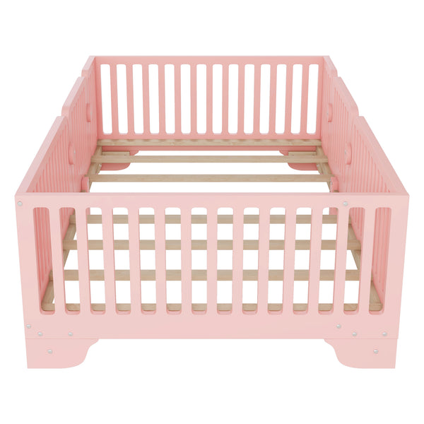 English Elm Twin Montessori Floor Bed with Safety Rails Hinged Door and Plywood Slats for Kids Pink W2593P381410